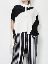 Contrasting Striped Lapel Irregular Loose T-Shirt